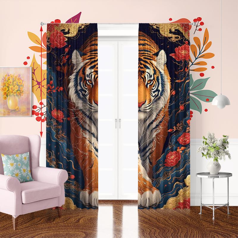 Animal Tiger -2 Pieces - Printed Curtain, 100% Polyester, Suitable for Home Decor