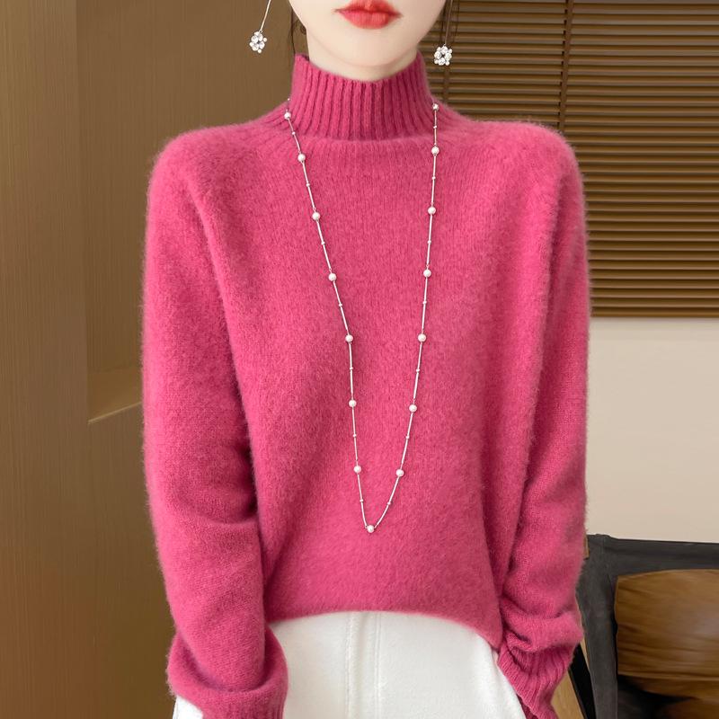 Women's High-Neck Thick Wool Pullover - 100% Pure Wool, Double-Ply for Autumn/Winter Layers