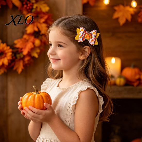 Festival Style Hair Accessories Thanksgiving Turkey Bow Clip for Girls, Decorative Pins, Maple Leaf Pins Double Layer Glitter Clip, Cute Autumn