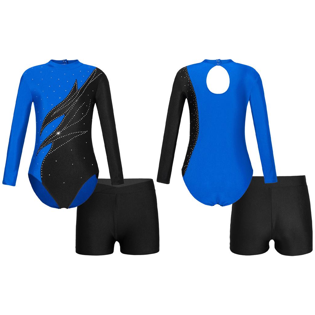 Kids Girls Dance Clothing Set Long Sleeve Mock Neck Shiny Rhinestones Decor Leotard Jumpsuit and Shorts