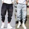 Pantaloni cargo hip hop streetwear neri blu da uomo, jeans larghi elastici da uomo, pantaloni da jogging sportivi da uomo, moda coreana, con fascia alla caviglia in denim