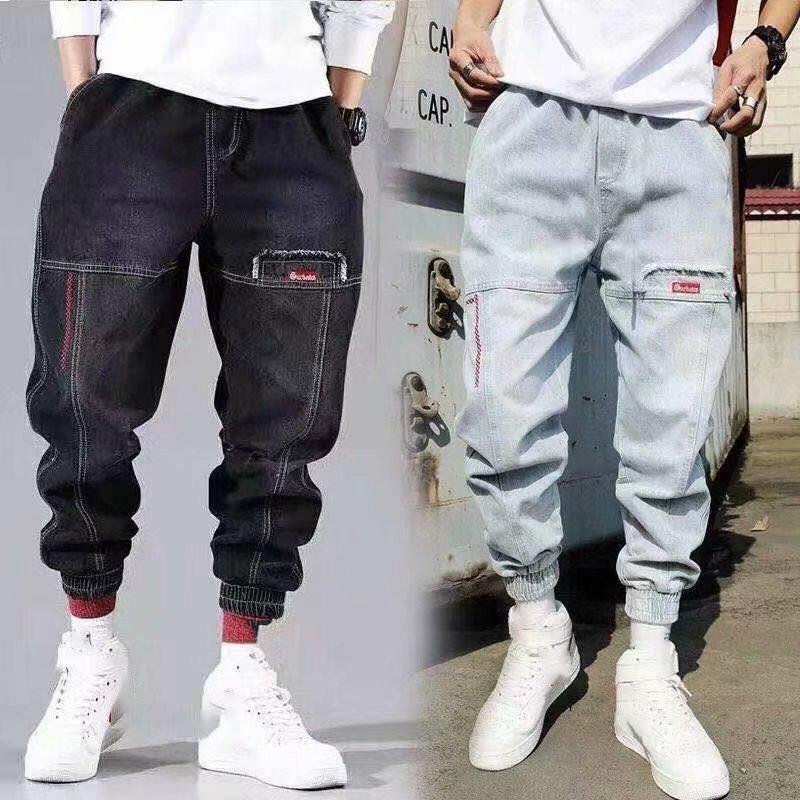 Pantaloni cargo hip hop streetwear neri blu da uomo, jeans larghi elastici da uomo, pantaloni da jogging sportivi da uomo, moda coreana, con fascia alla caviglia in denim