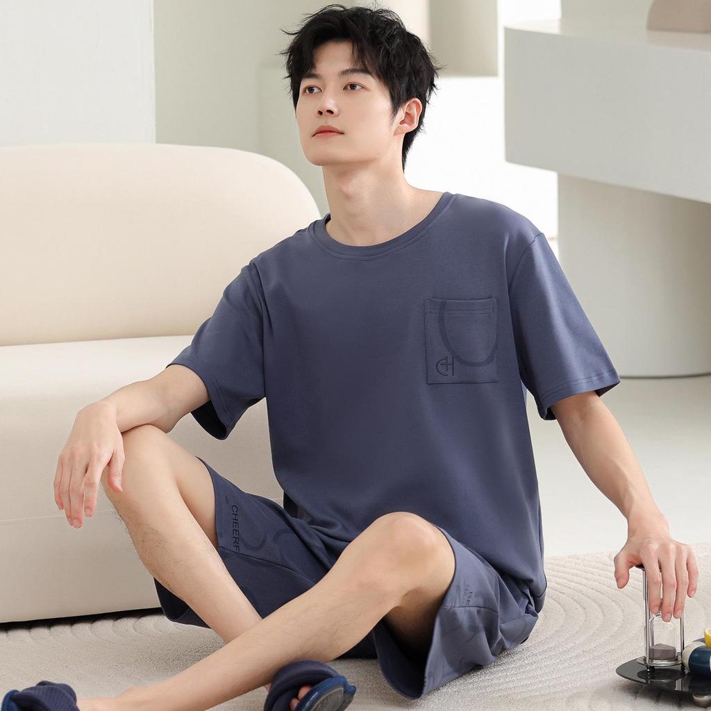 Men's 100% Cotton Short Sleeve Pajama Set - Summer Lightweight, Wearable Outdoors, Ideal for Teens