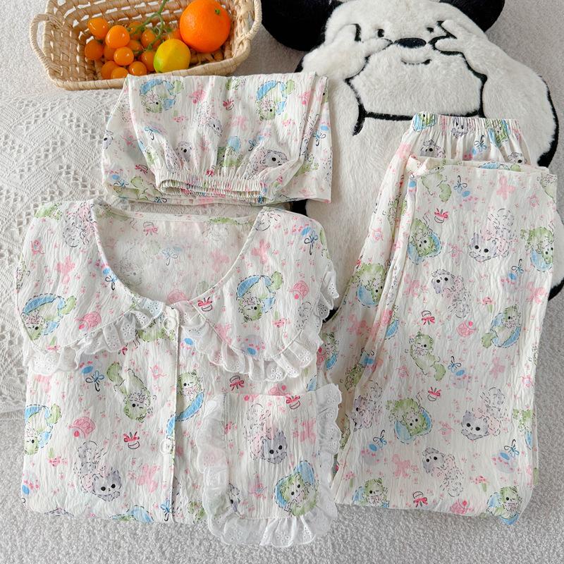 Cute Doll Collar Cartoon Cat Short-Sleeved Pajamas Women'S Summer Cloud Cotton Loungewear Three-Piece Set