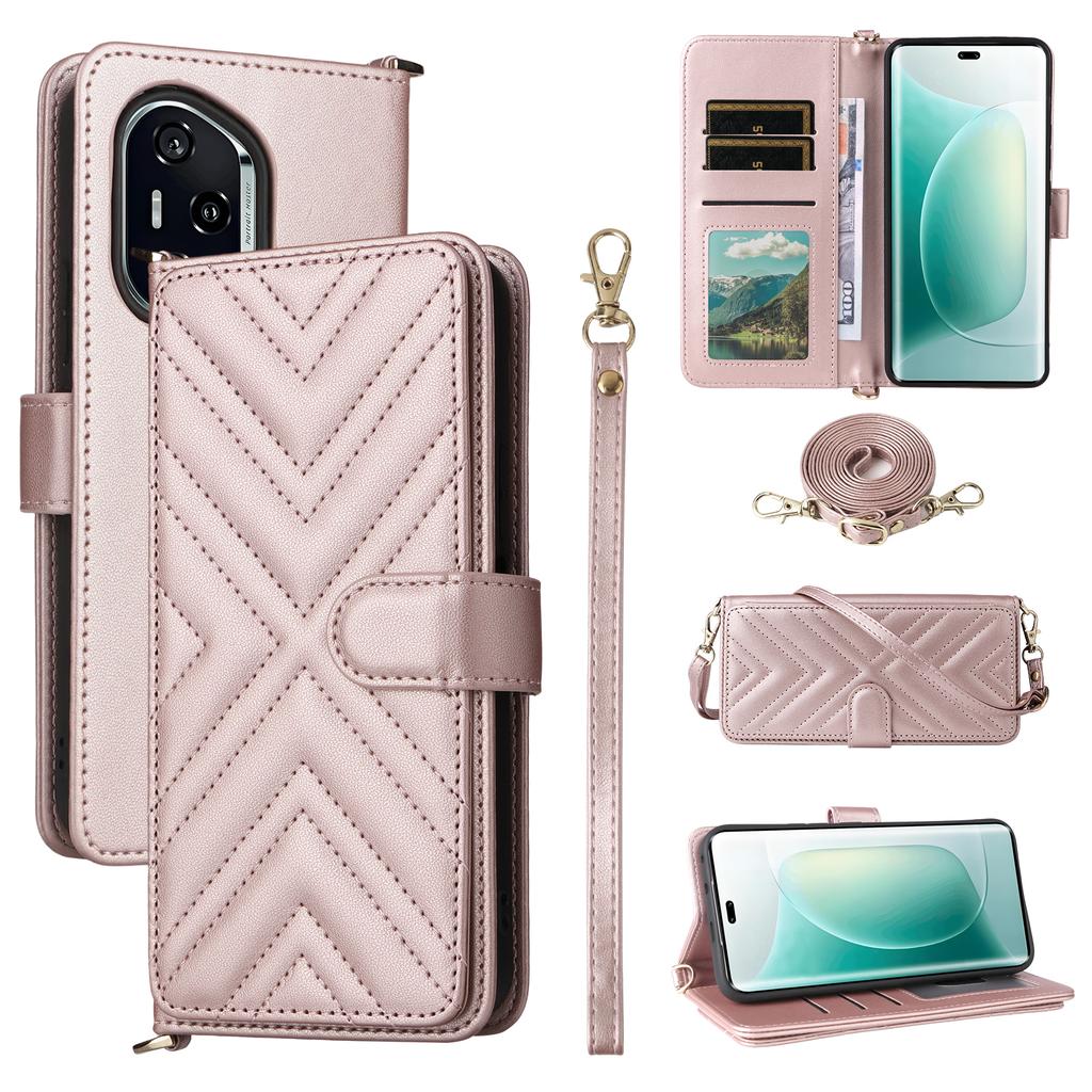 Для Honor 400 5G (Глобальний) Шкіряний чохол-гаманець із ремінцем на плече/зап'ястя, підставка для телефону