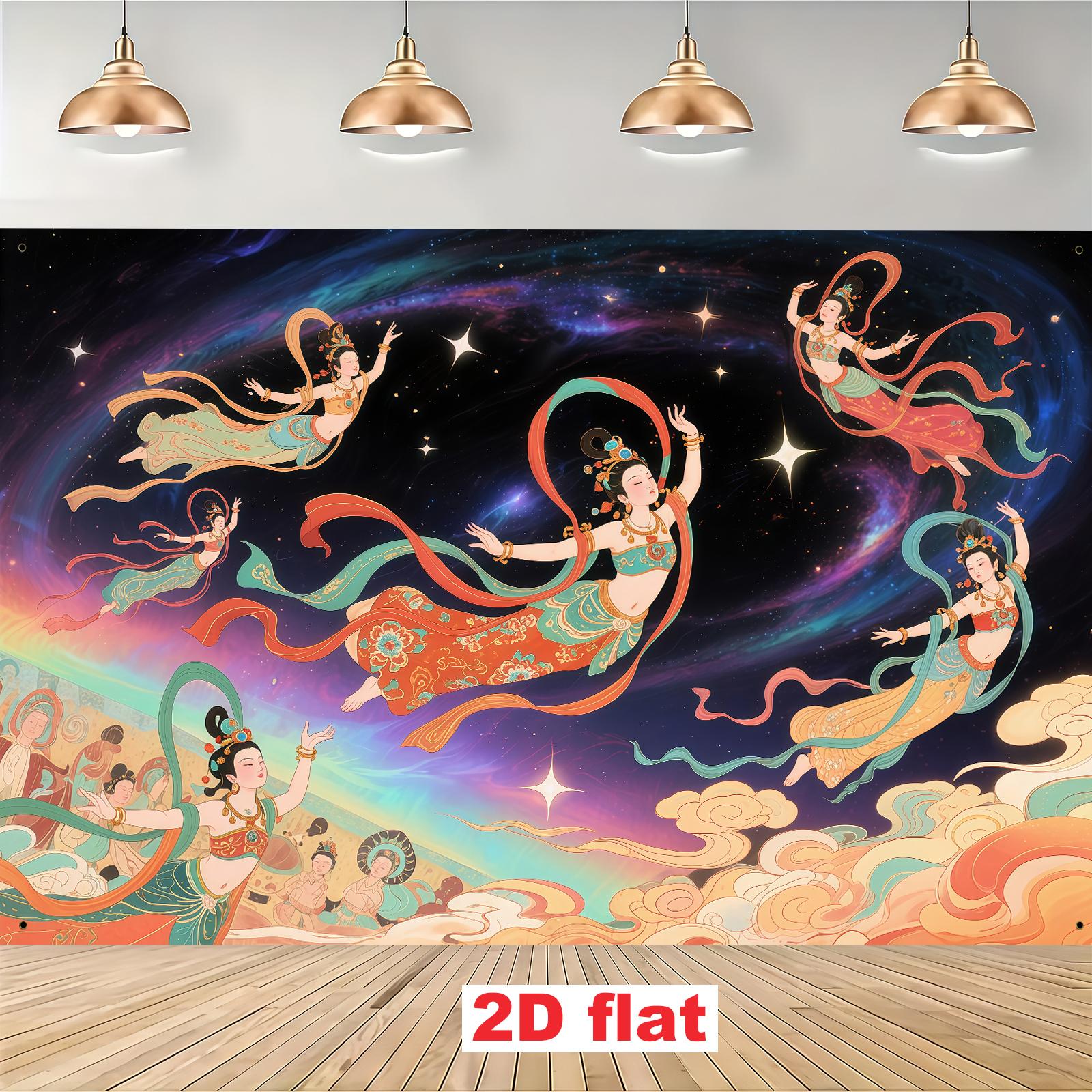 Dunhuang flying apsaras theme decorations figures dressed in traditional Dunhuang costumes and cloud-patterned starry skies 47.2x31.5inch/120*80cm