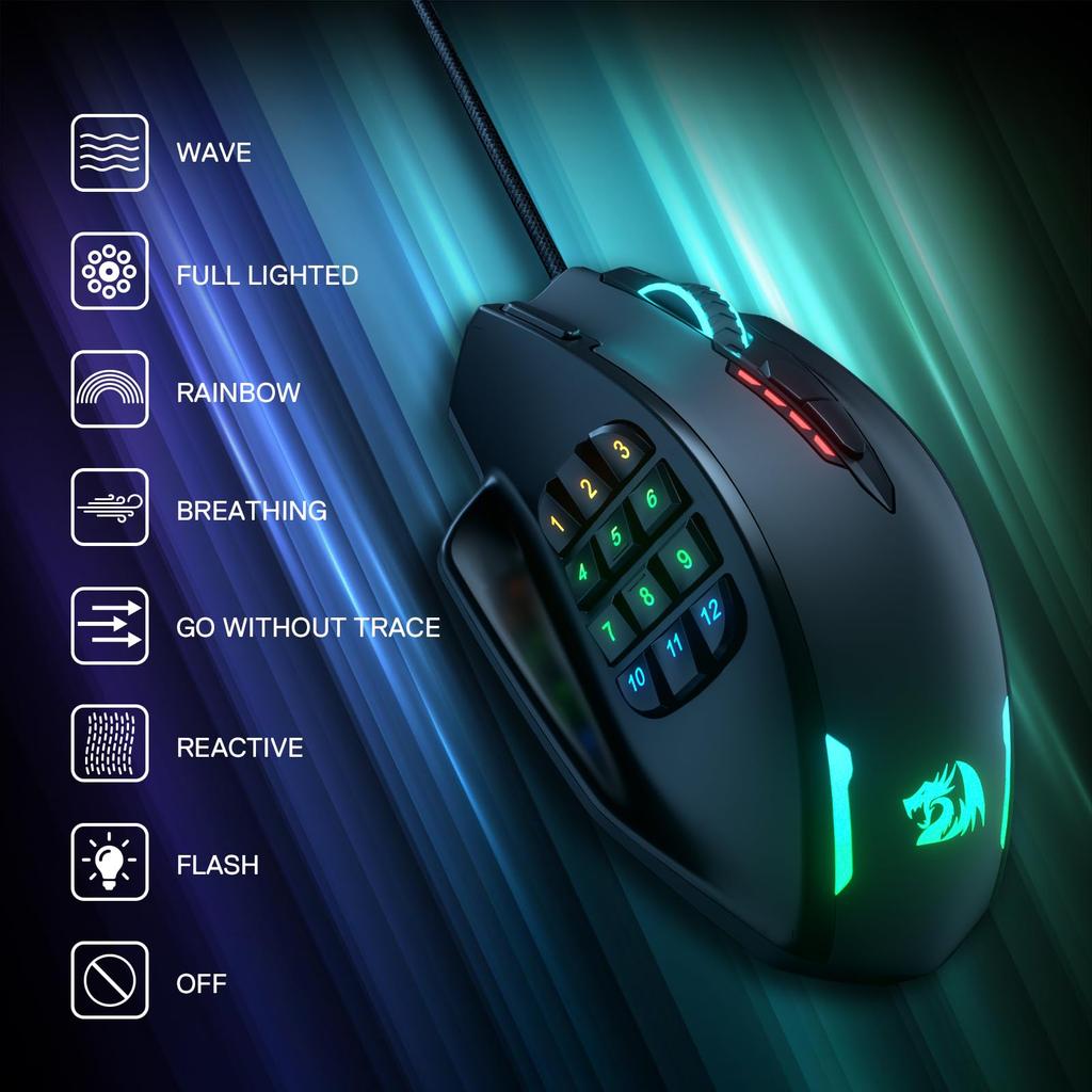 Redragon M908 Impact RGB LED MMO Gaming 12 Side Optical Wired Ergonomic Gamer Up to High 20 Programmable Macro with Comfort Grip Mouse, Buttons,