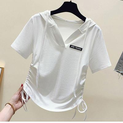 Camiseta de Moda Versátil con Capucha y Manga Corta para Mujer Versión Coreana Casual Jersey Verano Suelta Versátil