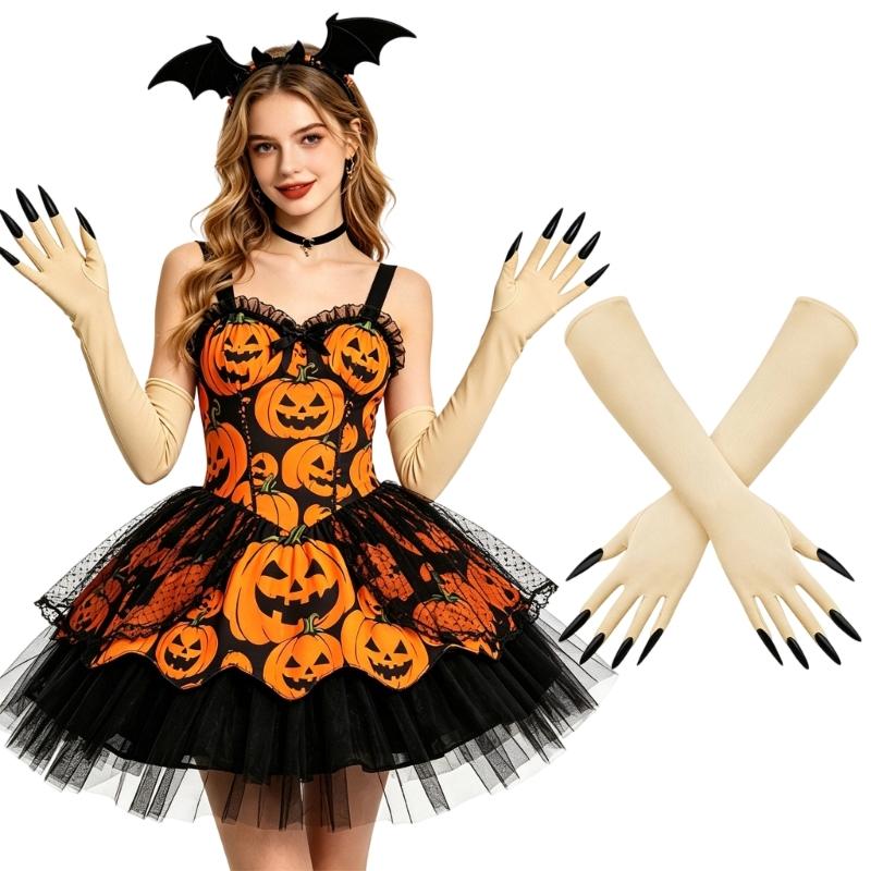 Guanti Lunghi di Halloween con Dita Appuntite e Tessuto Elasticizzato per Look da Palco, Giochi di Ruolo e Styling Fotografico