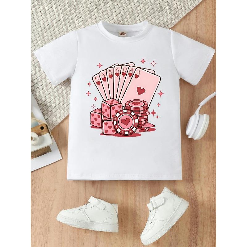 European sizes Pink Cartoon Playing Card and Dice Pattern T-shirt, Round Neck Short-sleeved Summer Top, Girls' T-shirt