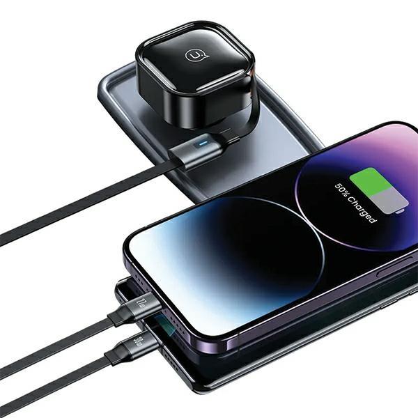 USAMS Car Charger with Retractable Cable 1xUSB-C + 1x Lightning C41 PD 30W Fast Charge Black/black CC219CC01 (US-CC219)