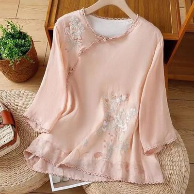 National Style Women Literary Retro Embroidery Three-quarter Shirts Summer Oblique Placket Buttons New Zen Tops