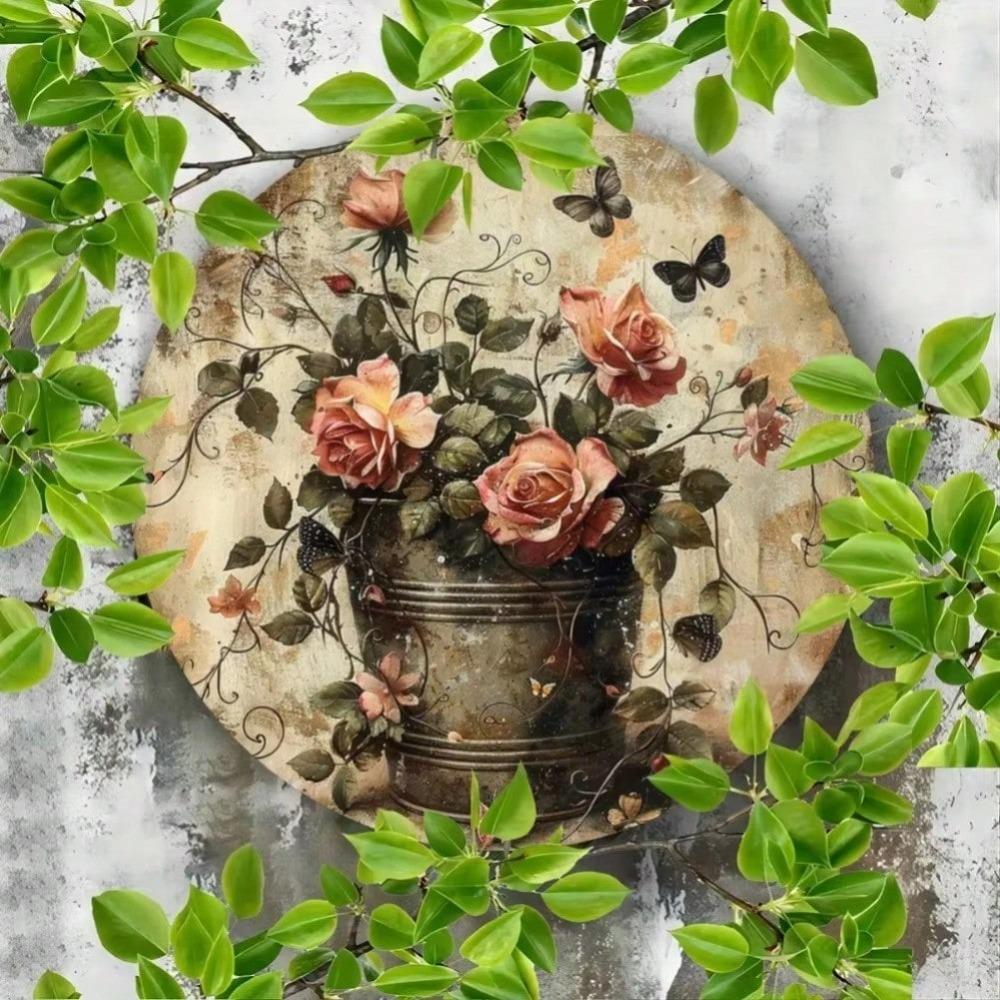 Vintage Floral Metal Wall Art Round Indoor Outdoor Decor Plaque