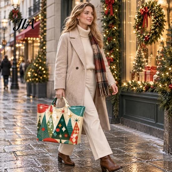 Reinforced Handle Carrying Bag Christmas PVC Tote Bag, Large Waterproof Shoulder Santa Deer Tree Stylish Holiday Gift Print, Reusable Grocery