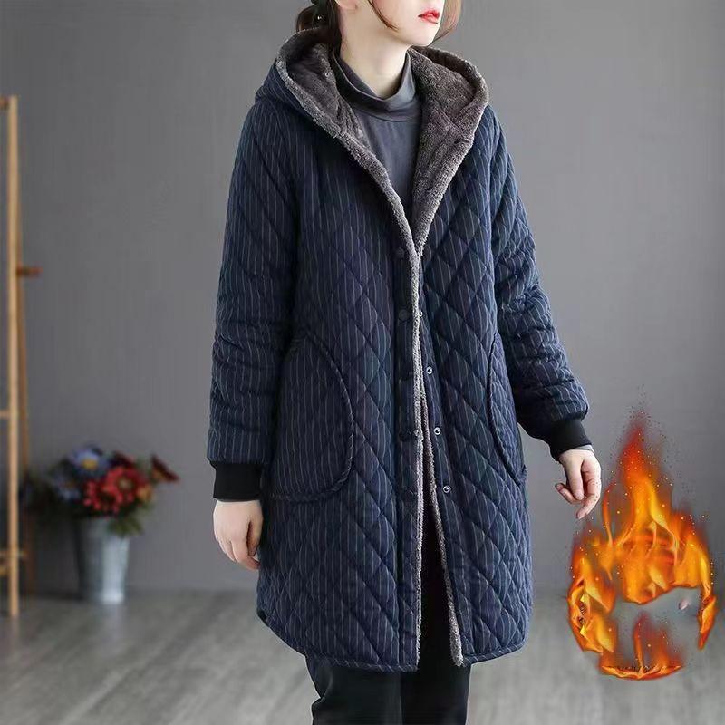 Giacca di Cotone a Righe Autunno Inverno Donna Caldo Peluche Ispessito Cappotto con Cappuccio Moda Largo Femminile Casual Soprabito Lungo