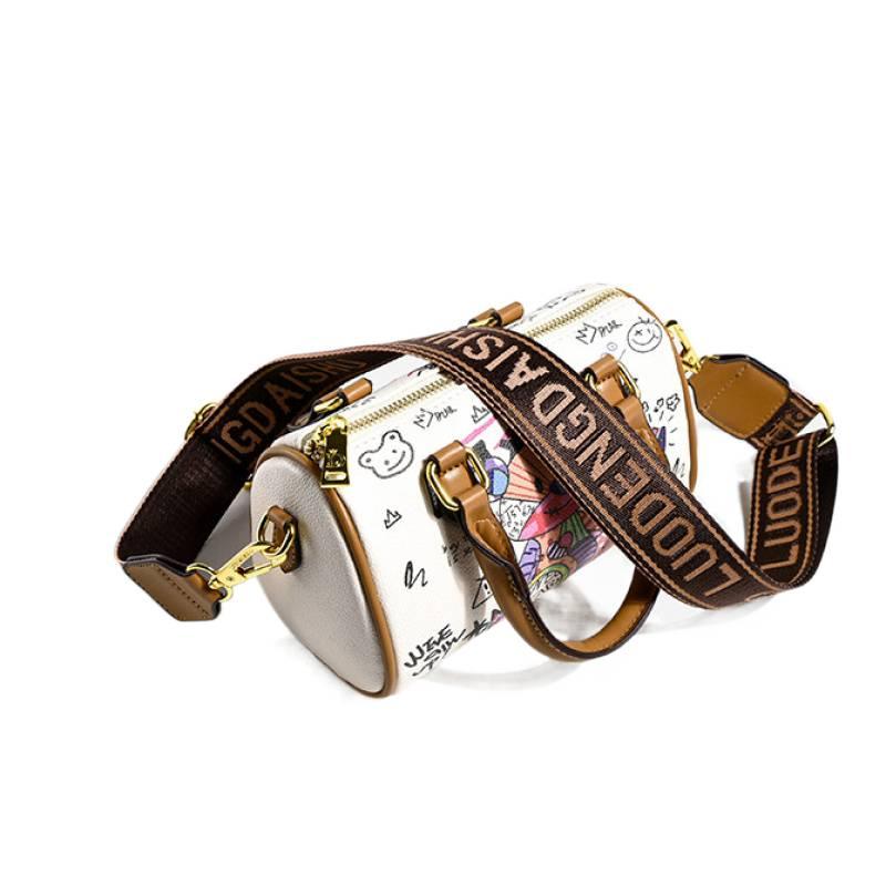 Small Cute Bear Doodle Boston Messenger Bag With Adjustable Strap Fashion White Handbag Ladies Casual Shoulder Bags Dating Purse