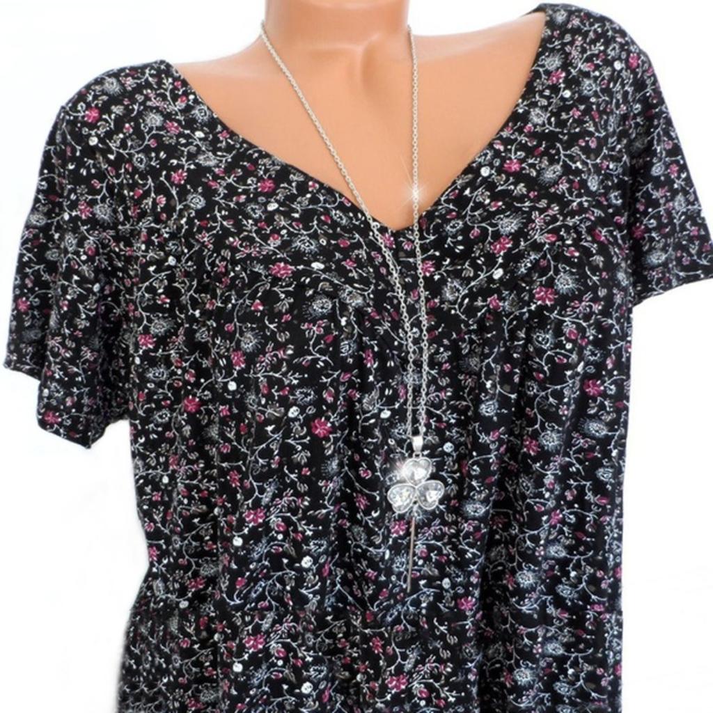 Large Size, Floral Top, V-neck, T-shirt, Loose Fit, Short Sleeved, Printed T-shirt