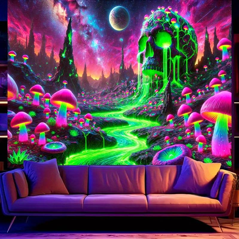 Cyberpunk Skull Tapestry with Alien Mushroom Nebula Pattern Gaming Room Music Studio Sci-Fi Theme Room Decor 100X70CM