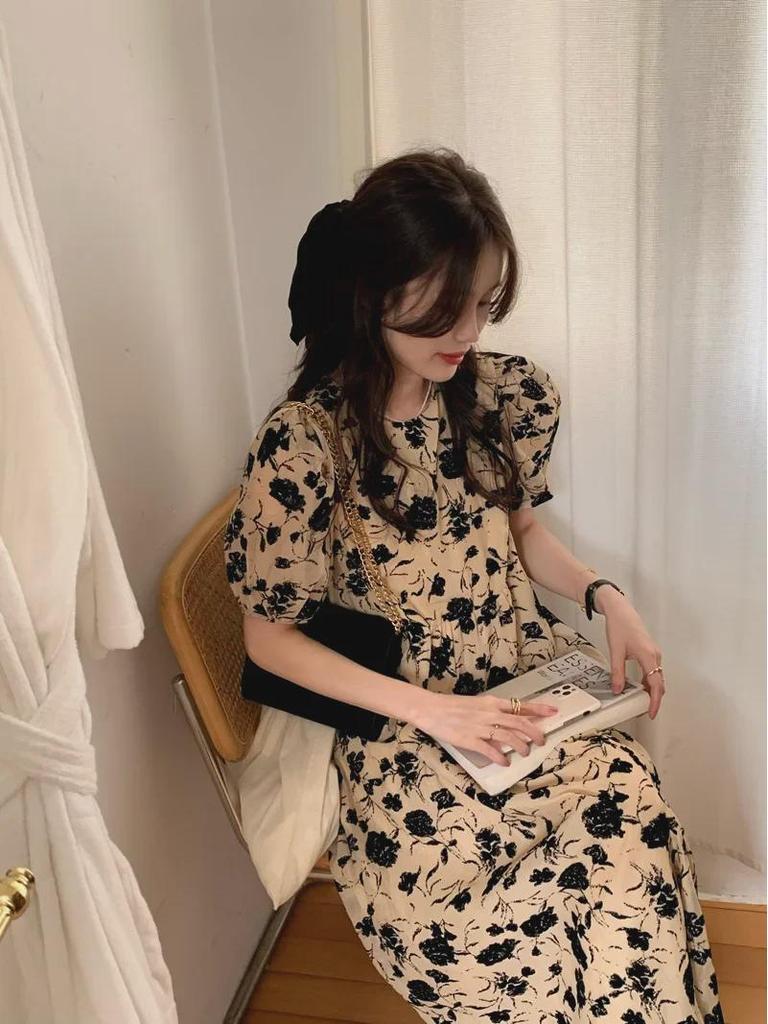 Korean Style Puff Sleeve Floral Midi Dress for Women