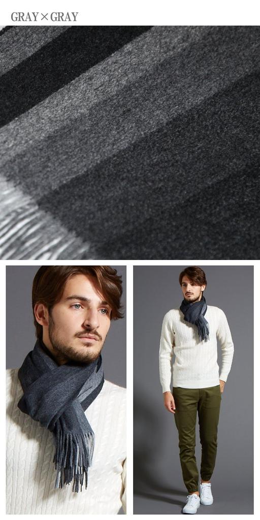 [Cashmee] 034 Neptune 100% Cashmere Reversible Muffler Scarf, Gradient Border, Gray x Gray (25)