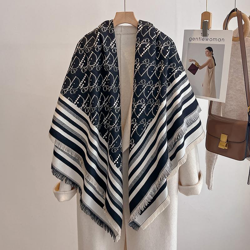 Luxury Brand Winter Women's Cashmere Scarf - Abstract Printed Tasseled Shawl Wrap, Pashmina Bandana & Elegant Poncho