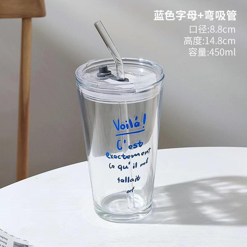 Glass Straw Cup Printing Milk Tea Cold Drink Coffee Cup Household Water Cup High Value Juice Cup Printing
