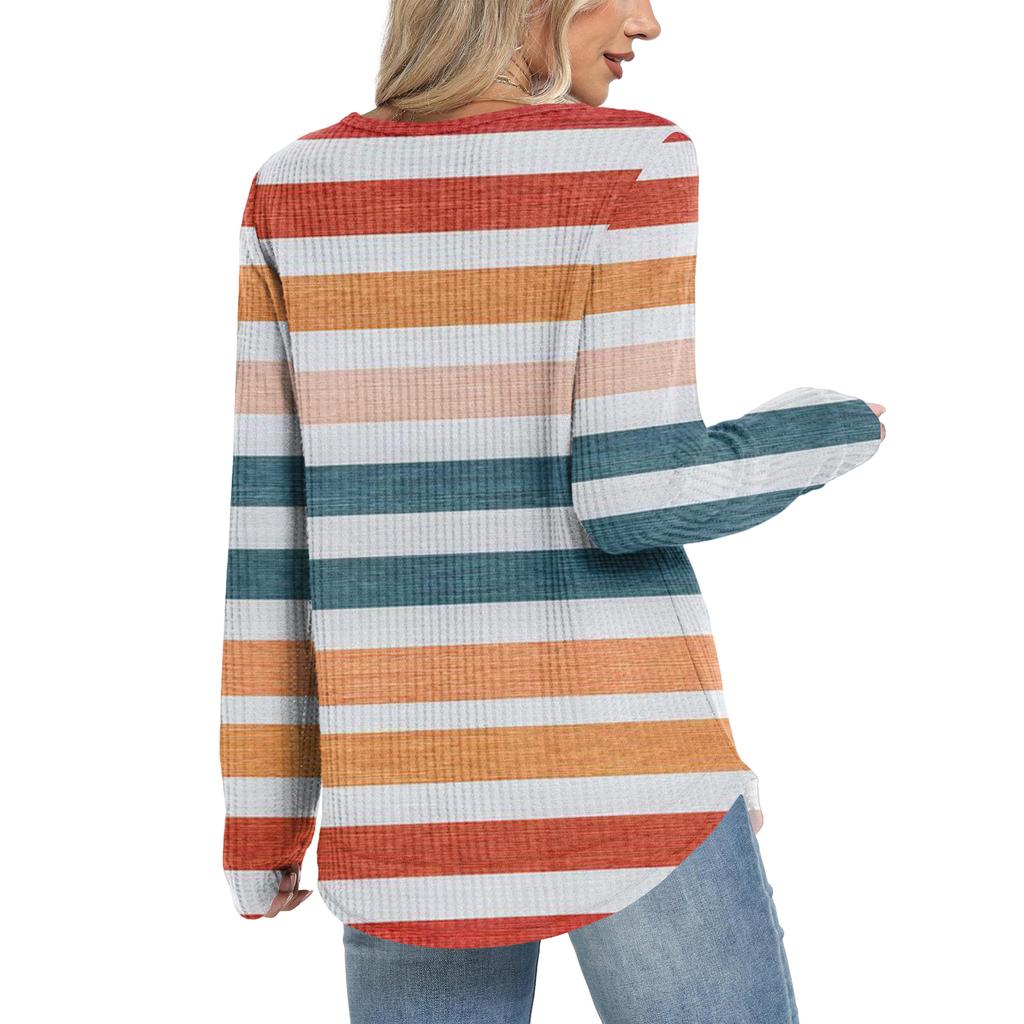 Damen Gestreiftes Druck Rundhals Langarm Locker Lässiges Oberteil