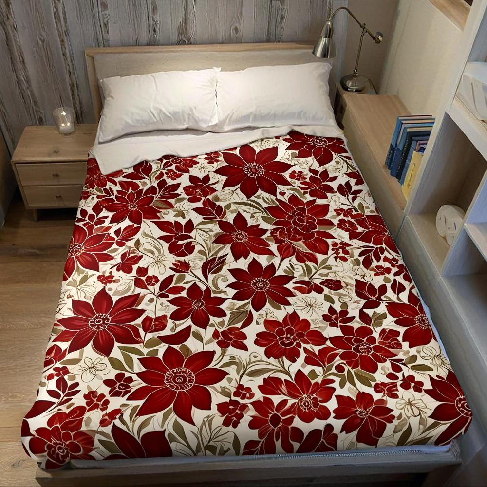 Burgundy Floral Flannel Blanket Warm Soft Halloween Christmas Couch Warm Cozy Decorative Decor Gift for All Season