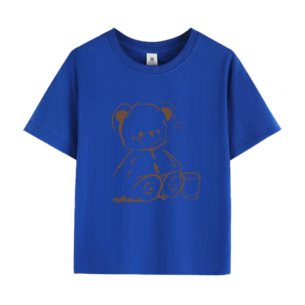 Cute Teddy Bear Print Crew Neck Tshirt Kids Fit Short Sleeve Cartoon Fashion Coffee Cup Kawaii Girls Clothing