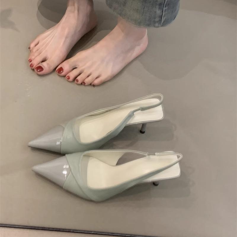 Niche green high heels new temperament elegant pointed light mouth stiletto empty sandals women's shoes