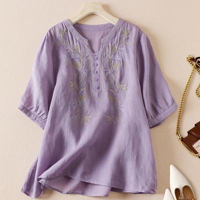 Summer Short Sleeved Cotton Linen Embroidered Top Women's Artistic Retro Loose Temperament Shirt Blouses & Shirts
