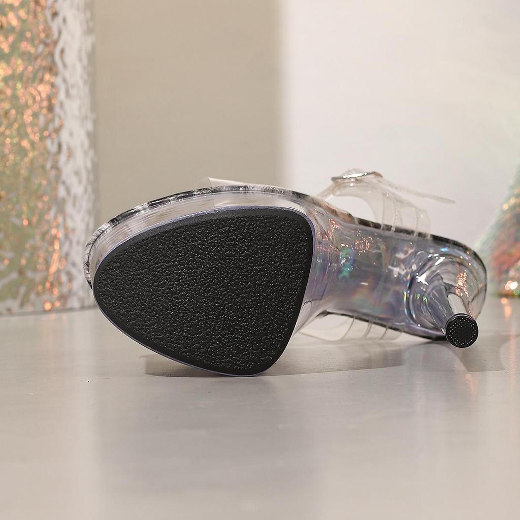 Sandales Stiletto à Cristaux à Une Bride pour Femmes 20CM - Imprimé Léopard Transparent