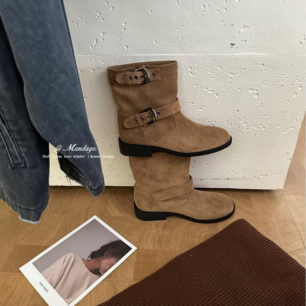 2025 Autumn and Winter New Round Head Low Tube Suede Belt Buckle Thick Heel Martin Fashion Women's Short Boots
