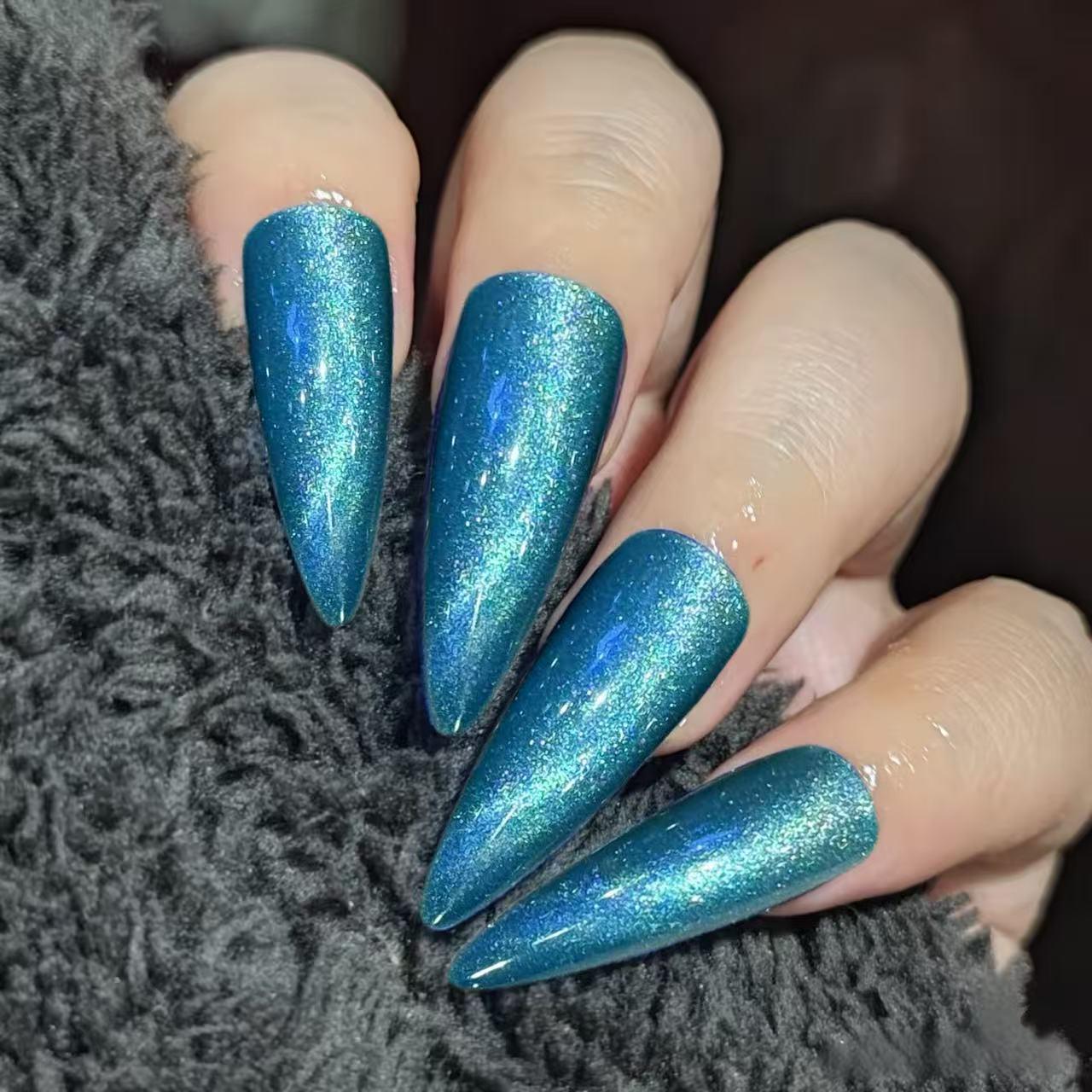 Set of 24 Blue-Black S-Shaped Cat Eye Press-On Nails – Shiny Autumn/Winter Manicure Kit