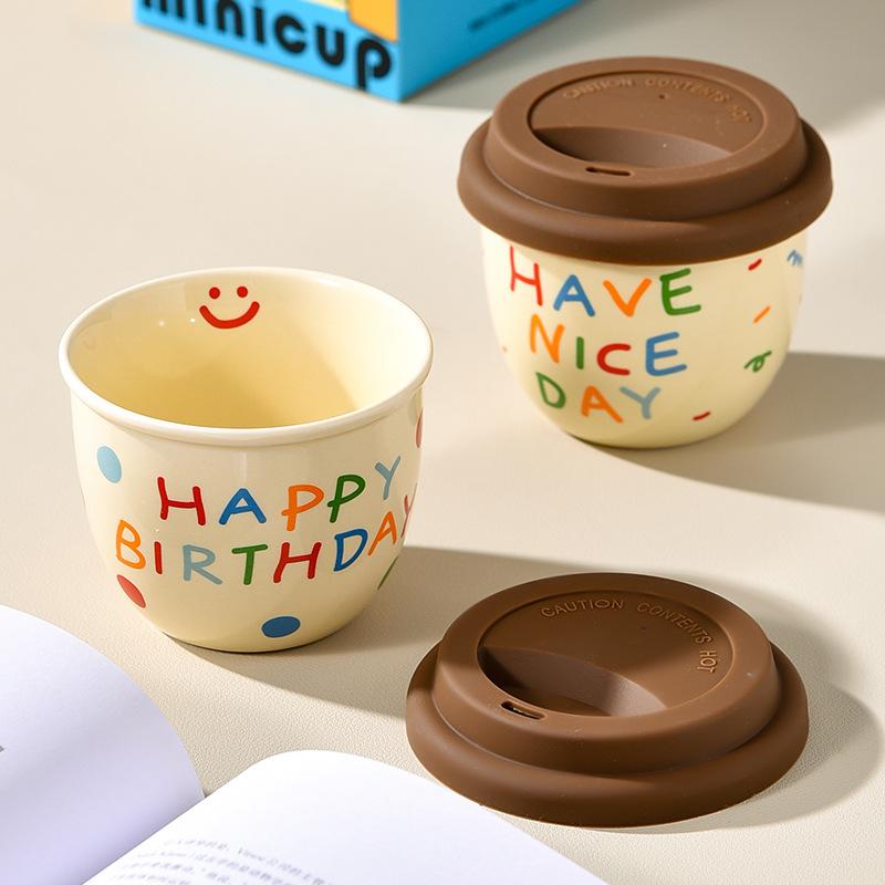 Cartoon English Casual Cup Silicone Lid Direct Drinking Mouth Coffee Cup Small Capacity Mocha Ceramic Hand Holding Cup Birthday Gift