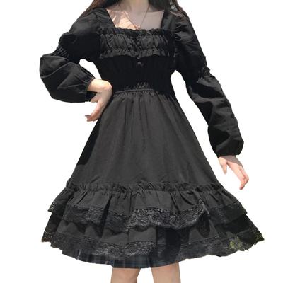Vestido Lolita Lolita Gótica Estilo Coreano [KEMONO_FAN] Largo hasta la Rodilla (Negro) Estilo, (Talla S)