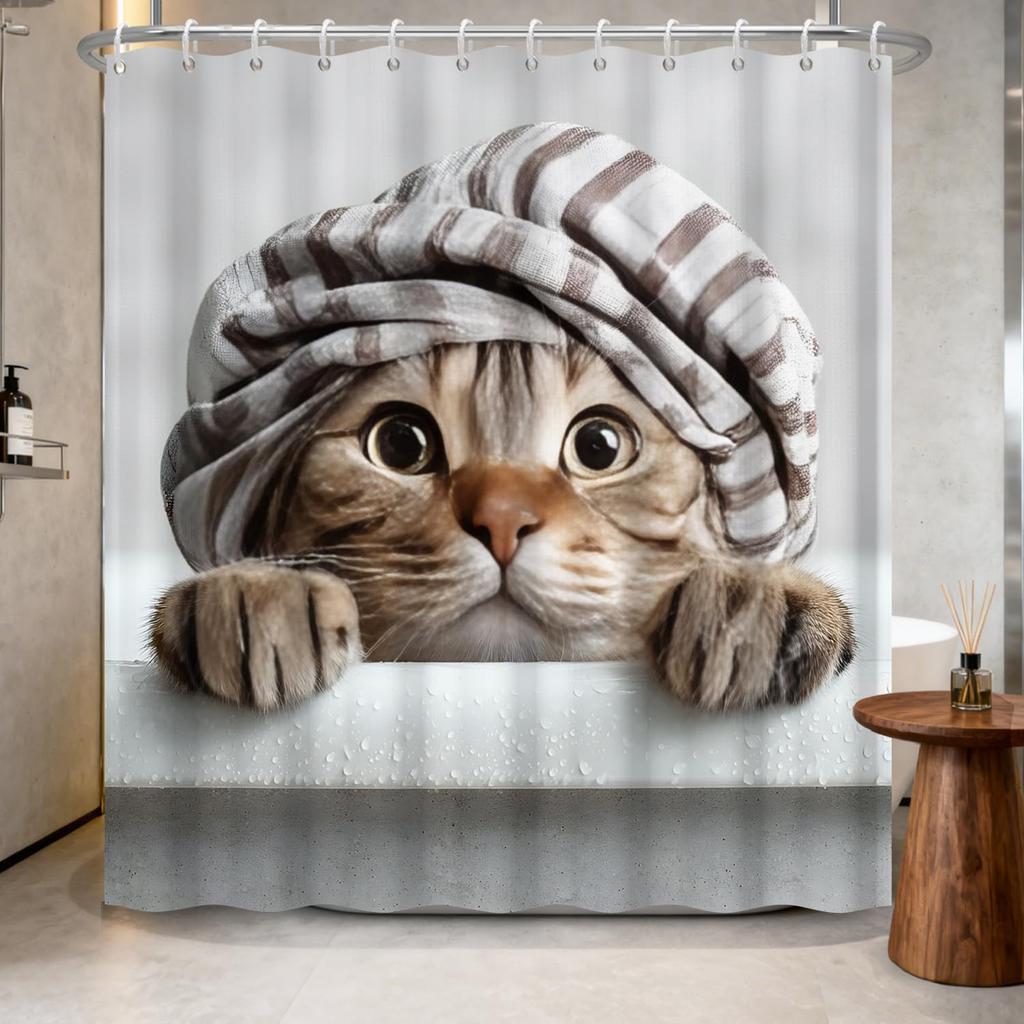 Waterproof Fabric Shower Curtain-Cute Black Cat Animal Print Bathroom Curtain for Kids, Funny Bath Curtain with Hooks Bathroom