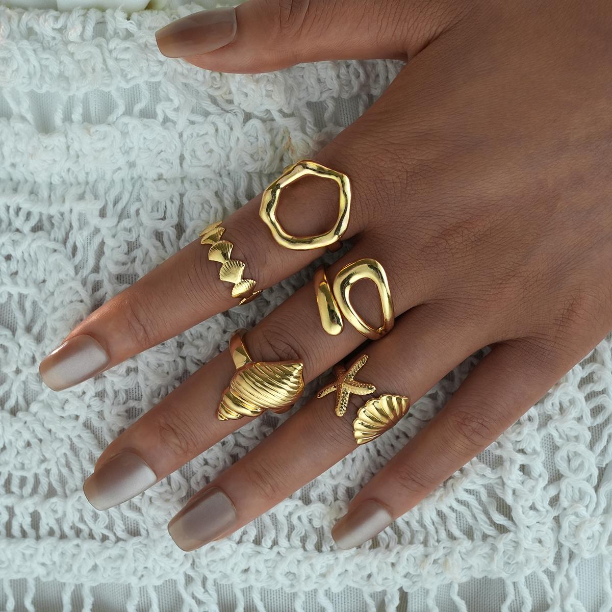 

5Pcs Vintage Starfish Shell Conch Rings For Women Geometric Summer Boho Gold Color Rings Sets Fashion Female Aesthetic Jewelry