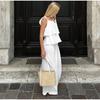 Casual White Cotton and Linen Women's Suit Fashion Fly Sleeve Tops Wide-leg Pants Solid Color Two-piece Suits