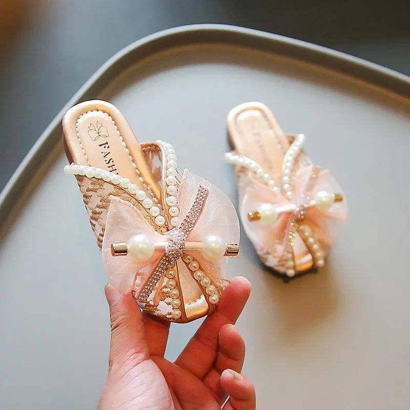 Girl's Lace Mesh Peep Top Flats 2024 Summer New Fashion Children Soft Simple Pearl Bow Covered Toes Princess Shoes for Vacation