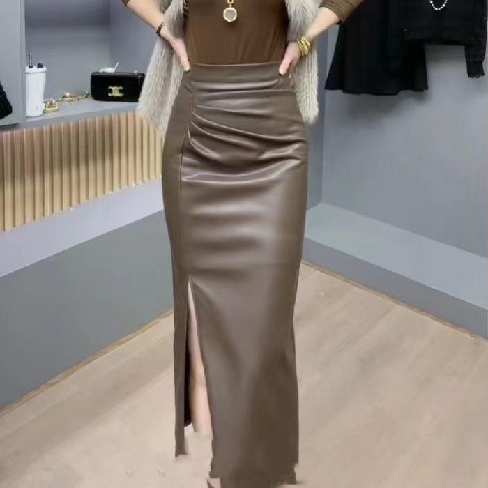 

PU leather skirt hip skirt skirt skirt women s autumn new women s clothing medium and long A-shaped skirt autumn and winter skirt 3XL