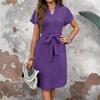 Women's Solid Color V Neck Short Sleeve Dress with Waist Tie Casual Midi Dress