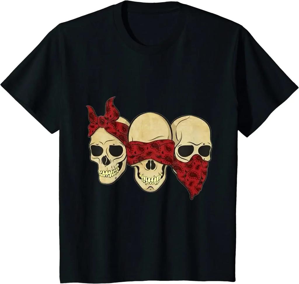 Gothic Hear See Speak No Evil Skull Heads T-Shirt Men Clothing Graphic T Shirts Oversized T Shirt Shirts Cotton