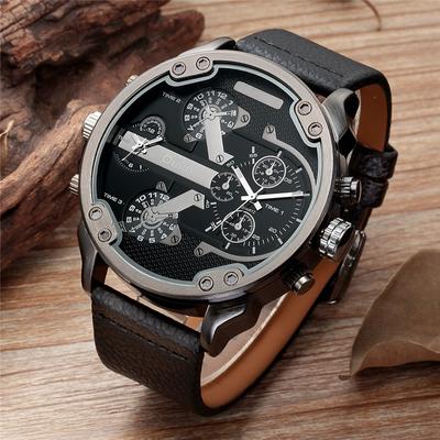 Super Big Two Time Zone Men's Watch Quartz PU Leather Strap