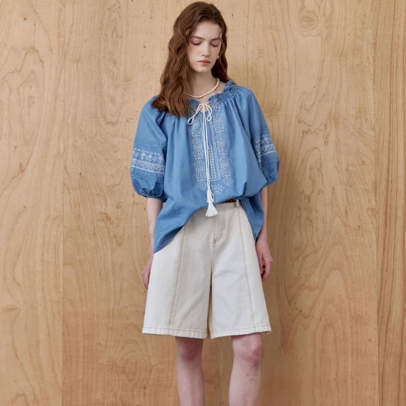 Maxza Ethnic Embroidery Puff Sleeve Denim Blouse Ze07qb006nh