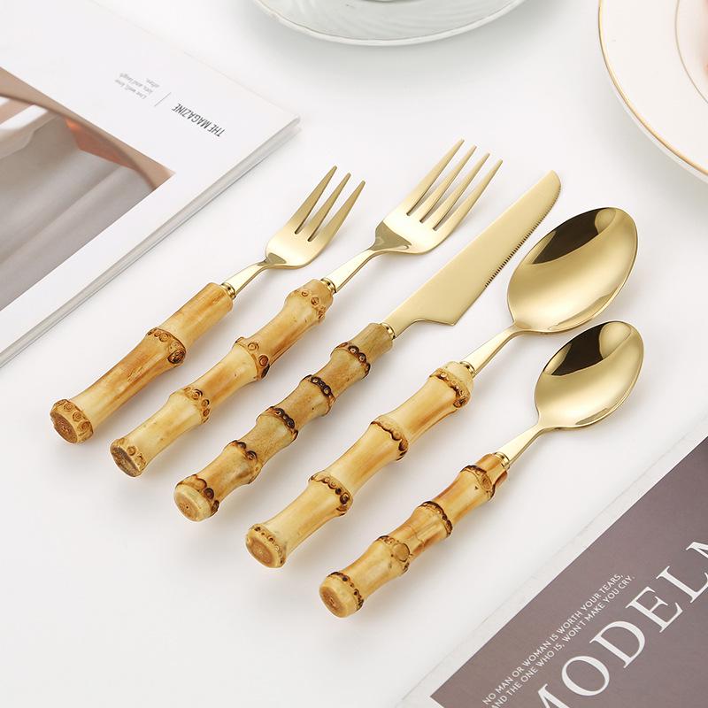 Bamboo Handle Cutlery Set: Solid Wood Steak Knife, Fork, and Spoon with 304 Stainless Steel Retro Design.
