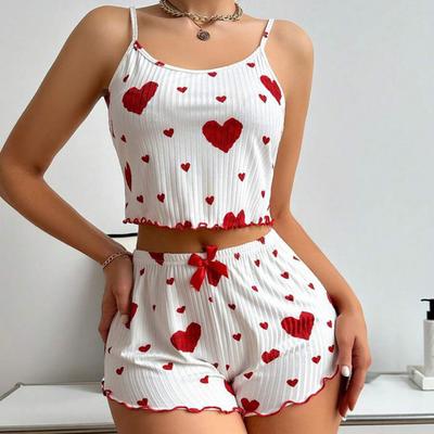 Ensemble de pyjama d'été 2 pièces pour femme, bretelles réglables, sans manches, imprimé cœur