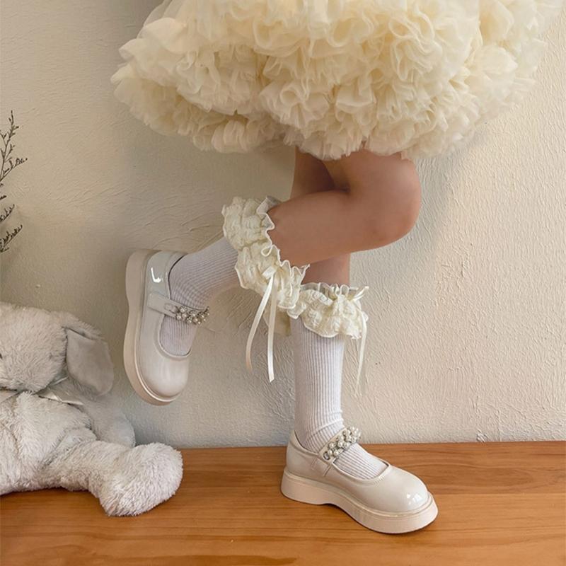 Breathable Cotton Hosiery Socks for Girls Toddler Stretchy Knee High Socks Puff Edge Lace Bows Socks for Autumn Spring