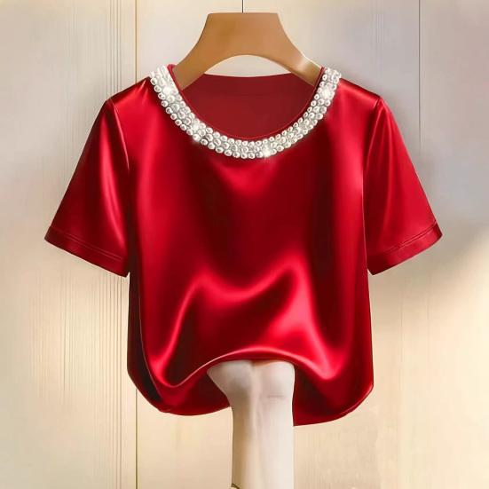Damen T-Shirt Rundhals Satin Stoff T-Shirt mit Handgenähten Imitationsperlen Kurze Ärmel Lockerer Schnitt Lässige Oberteile