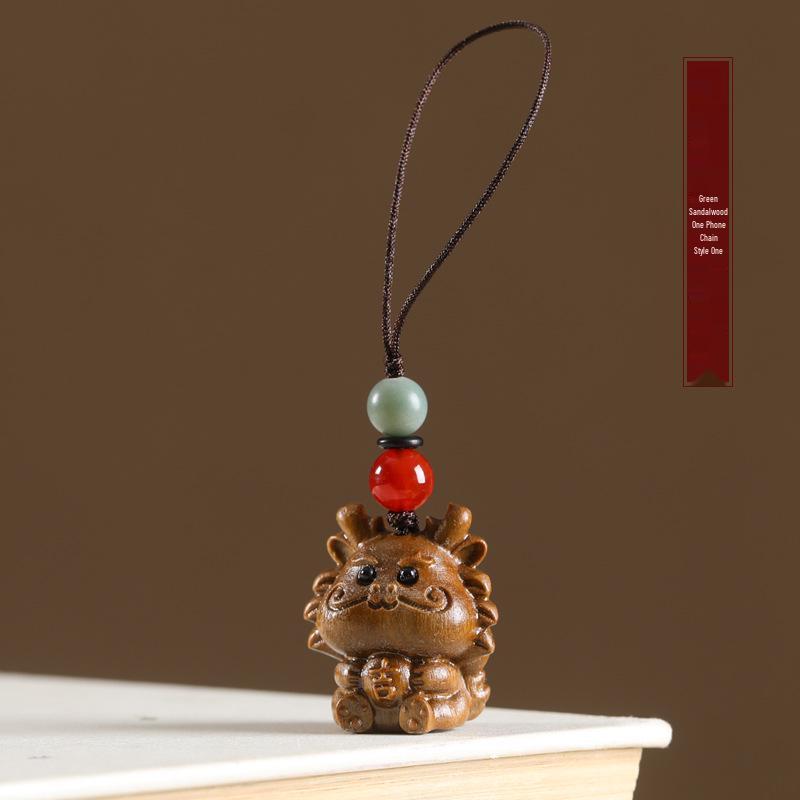 Exquisite Dragon Year Green Sandalwood Keyring & Phone Chain Pendant